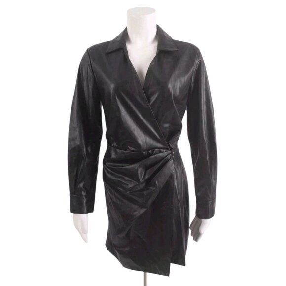 ZARA Faux Leather Wrap Mini Dress Black Long Sleeve Belted Shirt Style Dress S - Picture 4 of 13